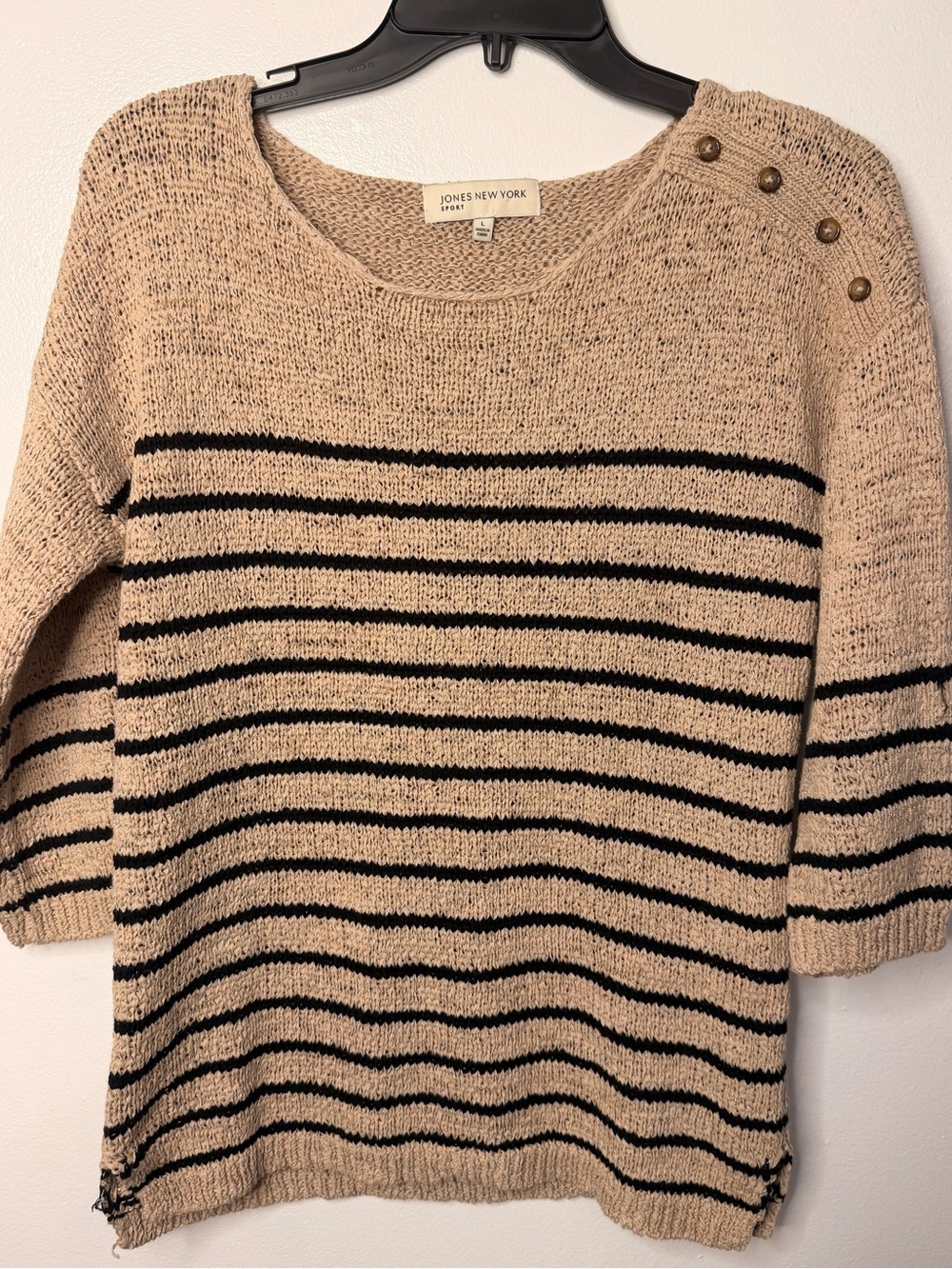 Jones New York Beige and Black Striped Crewneck Sweater with Shoulder Buttons